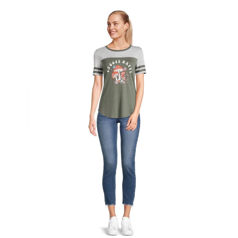No Boundaries Colorblock Graphic T-Shirt Mushrooms Choose Happy Size Medium Jrs